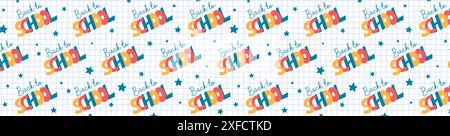 Back to School Words Webbanner. Hintergrund für den Vektor der Notizblock-Seite. Schule rechteckiges horizontales buntes Banner. Niedlich lustig lehrreich Stock Vektor