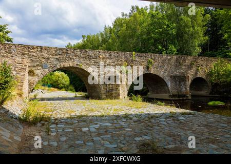 Halsbrücke die Altväterbrücke war ein Aquädukt und die bedeutendste wasserwirtschaftliche Anlage des Halsbrücker Bergbaues. Sie wurden zwischen 1686 und 1715 unter der Leitung des sächsischen Oberberghauptmannes Abraham von Schönberg errichtet. Im Jahre 1893 wurde sie wegen Baufälligkeit abgerissen. Halsbrücke Sachsen Deutschland *** Halsbrücke die Alte Vaterbrücke war ein Aquädukt und die wichtigste Wasserbewirtschaftungsanlage des Halsbrücke Bergbaus Sie wurde zwischen 1686 und 1715 unter der Leitung des sächsischen Bergbauhauptmanns Abraham von Schönberg 1893 erbaut Stockfoto