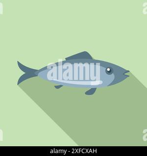 Kleine Fische schwimmen mit offenem Mund Symbol in flachem Stil mit langem Schatten auf grünem Hintergrund Stock Vektor