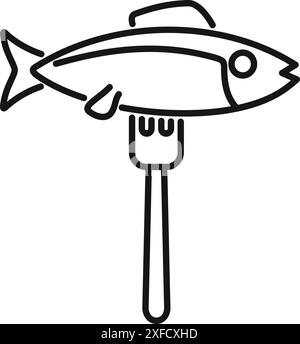 Einfaches schwarz-weißes Symbol eines gegrillten Fischs auf einer Gabel, das gesunde Essen und Meeresfrüchte-Küche repräsentiert Stock Vektor