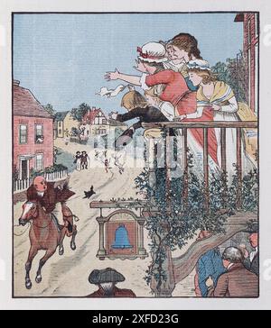 Gravur einer Familie, die von einem Balkon zu einem Mann winkt, der zu Pferd durch die Stadt galoppiert, von Randolph Caldecott, 1877–78, als Illustration für das Gedicht The Diverting History of John Gilpin Stockfoto