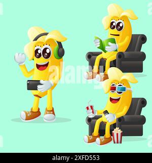 Eine Reihe niedlicher Bananenfiguren, die Freizeitaktivitäten genießen. Perfekt für Kinder, Merchandise und Aufkleber, Werbebanner oder Blogs Stock Vektor