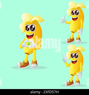 Set aus niedlichen Bananenfiguren, die verspielte Handschilder machen. Perfekt für Kinder, Merchandise und Aufkleber, Werbebanner oder Blogs Stock Vektor