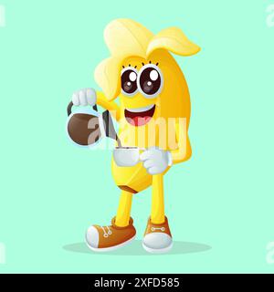 Niedliche Bananenfigur, die Kaffee ausgießt. Perfekt für Kinder, Merchandise und Aufkleber, Werbebanner oder Blogs Stock Vektor