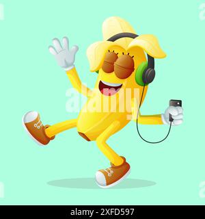 Niedliche Bananenfigur, die Musik hört. Perfekt für Kinder, Merchandise und Aufkleber, Werbebanner oder Blogs Stock Vektor