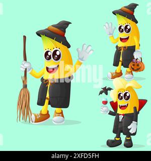 Set mit niedlichen Bananenfiguren an Halloween. Perfekt für Kinder, Merchandise und Aufkleber, Werbebanner oder Blogs Stock Vektor