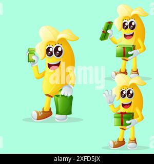 Ein Set niedlicher Bananenfiguren, die Geschenke erhalten. Perfekt für Kinder, Merchandise und Aufkleber, Werbebanner oder Blogs Stock Vektor