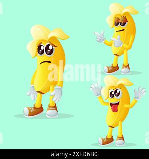 Set aus niedlichen Bananenfiguren mit verschiedenen Gesichtsausdrücken. Perfekt für Kinder, Merchandise und Aufkleber Stock Vektor