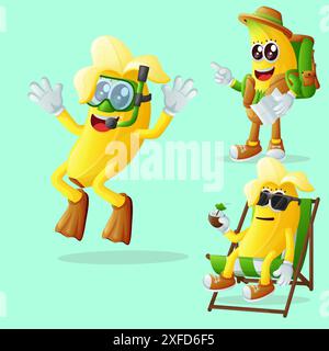 Eine Reihe niedlicher Bananenfiguren im Urlaub. Perfekt für Kinder, Merchandise und Aufkleber, Werbebanner oder Blogs Stock Vektor