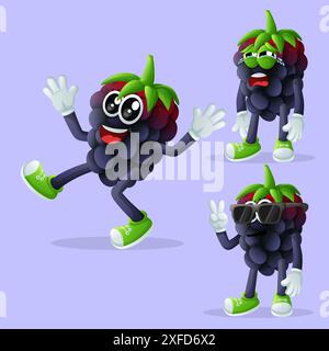 Satz niedlicher blackberry-Zeichen mit Emoticon-Gesichtern. Perfekt für Kinder, Merchandise und Aufkleber, Werbebanner oder Blogs Stock Vektor