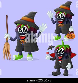 Set mit niedlichen blackberry-Charakteren an Halloween. Perfekt für Kinder, Merchandise und Aufkleber, Werbebanner oder Blogs Stock Vektor