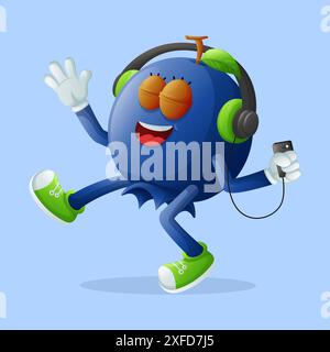 Niedliche Blaubeerfigur, die Musik hört. Perfekt für Kinder, Merchandise und Aufkleber, Werbebanner oder Blogs Stock Vektor