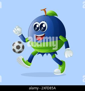 Niedliche Blaubeerfigur, die Fußball spielt. Perfekt für Kinder, Merchandise und Aufkleber, Werbebanner oder Blogs Stock Vektor