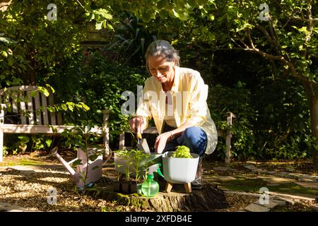 Gartenarbeit im Freien, Seniorin pflanzt Kräuter in Töpfen mit Gießkanne in der Nähe Stockfoto