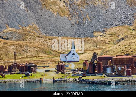 Walfangstation und norwegische anglikanische Kirche, Grytviken, King Edward Cove, Südgeorgien, Dienstag, November 2023. Foto: David Rowland / One-Image Stockfoto