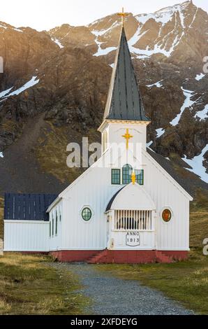 Norwegische Anglikanische Kirche, Grytviken, King Edward Cove, Südgeorgien, Dienstag, November 2023. Foto: David Rowland / One-Image.com Stockfoto