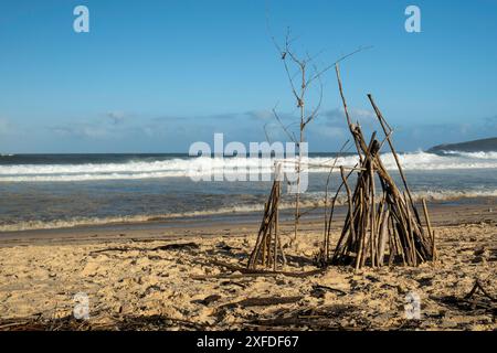 Stöcke am Strand wurden zu einer Festung gemacht, von einem Sturm, der die Stöcke und Äste auf den Strand gewaschen hat Stockfoto