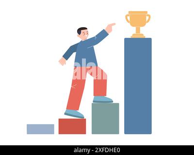 Gewinnen Sie Trophäe Gehen Sie nach oben man klettert Treppenleiter erreichen Sie Award in Business verdienen Sie Award Stock Vektor