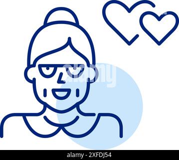 Seniorin und Herz sind miteinander verflochten. Pflege von Beziehungen, Unterstützung und Empathie in Alterspflege. Pixel Perfect Vektor-Symbol Stock Vektor