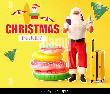 Festliches Banner für Weihnachten im Juli mit Weihnachtsmann, Koffer, aufblasbaren Ringen und Dokumenten Stockfoto