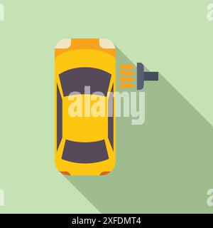 Draufsicht auf ein gelbes Fahrzeug, das einer Abgaskontrolle unterzogen wird, betont die Wartung des Fahrzeugs und das Umweltbewusstsein Stock Vektor