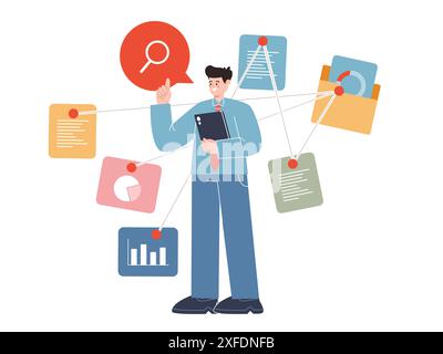 Geschäftsmann, der Informationsdaten sammelt, organisiert Berichte, Dateien, Ordner, Papierkram, Forschung, die den Punkt der Fakten verbindet Stock Vektor