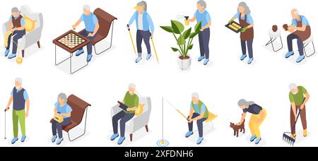 Isometrische ältere Zeichen. Alte Leute Hobbys, Stricken Angeln Gartenarbeit Lesen und Schach spielen. Pension Lebensstil makellose Vektorset Stock Vektor