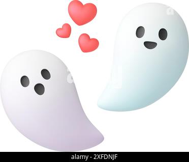 Lustige 3D-Geister. Isolierter Geist in der Liebe, Phantome mit Herzkarte. Gruselige Cartoon-Charaktere für halloween-Partys. Realistische Rendering-Vektorelemente Stock Vektor