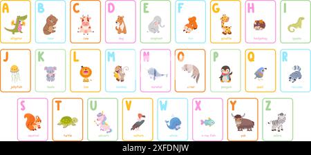 Kinder Alphabetkarten mit Tieren. Babypädagogische Karteikarten, Briefe und Tier studieren. Englisches abc für Kinder, heute Vektorelemente Stock Vektor