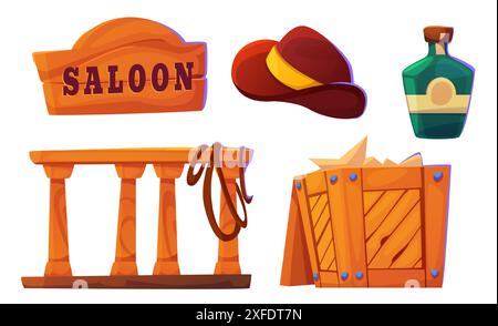 Design-Elemente des Western Saloons isoliert auf weißem Hintergrund. Vektor-Zeichentrickillustration von hölzernem Schild, Sheriff Hut, Lasso auf hölzernem Balustrade, Box und Flasche Rum, wilden Westen Objekte Stock Vektor