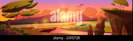 Afrikanische Savannenlandschaft bei Sonnenuntergang oder Sonnenaufgang. Sonnenuntergang oder Sonnenaufgang Afrikas Wüstenlandschaft mit Fluss und Grasland, Bäumen und Büschen, Felsenbergen und Sonne auf rosa und orangen Himmel mit Wolken. Stock Vektor
