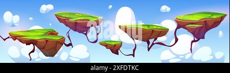 Arcade Game Level Landschaft mit fliegender Insel Plattform zum Springen. Cartoon-Vektor schwimmende Bodenstücke mit grünem Gras auf der Spitze einer Wurzeln, blauer Himmel mit Wolken. Mobile Videospiel-Abenteuer-Szene. Stock Vektor