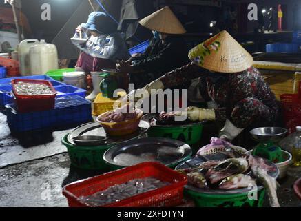 Fischmarkt am frühen Morgen in Bàn Thạch, Hoi an, Vietnam. Stockfoto