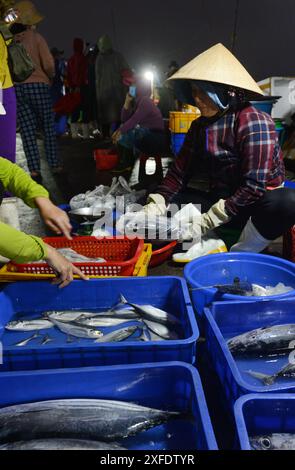 Fischmarkt am frühen Morgen in Bàn Thạch, Hoi an, Vietnam. Stockfoto