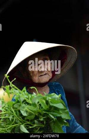 Porträt einer älteren vietnamesischen Frau, aufgenommen auf einem lokalen Markt in Hội an, Vietnam. Stockfoto