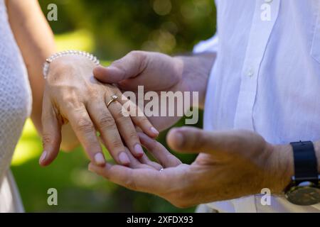 Zeigt Verlobungsring, ältere Braut und Bräutigam, die Hände im Freien halten, bei einer Hochzeit im Freien Stockfoto