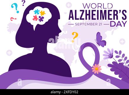 Welt-Alzheimer-Tag-Vektor-Illustration mit einem älteren und einem Gehirn Puzzle symbolisieren Erinnerungen auf einem lila Band flachen Hintergrund Stock Vektor