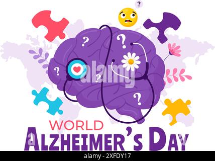 Welt-Alzheimer-Tag-Vektor-Illustration mit einem älteren und einem Gehirn Puzzle symbolisieren Erinnerungen auf einem lila Band flachen Hintergrund Stock Vektor