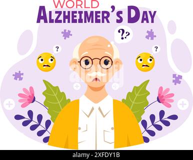 Welt-Alzheimer-Tag-Vektor-Illustration mit einem älteren und einem Gehirn Puzzle symbolisieren Erinnerungen auf einem lila Band flachen Hintergrund Stock Vektor