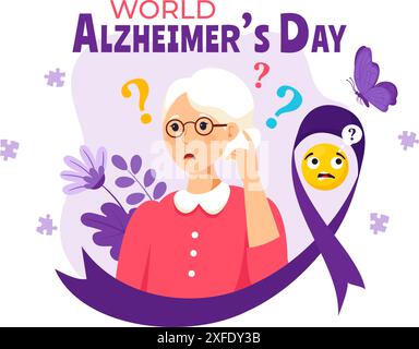 Welt-Alzheimer-Tag-Vektor-Illustration mit einem älteren und einem Gehirn Puzzle symbolisieren Erinnerungen auf einem lila Band flachen Hintergrund Stock Vektor