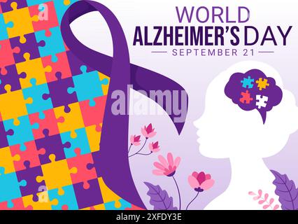 Welt-Alzheimer-Tag-Vektor-Illustration mit einem älteren und einem Gehirn Puzzle symbolisieren Erinnerungen auf einem lila Band flachen Hintergrund Stock Vektor