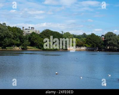 Beaulieu Mill Pond mit Palace House Beyond, Beaulieu, New Forest National Park, Hampshire, England, Großbritannien, Juli 2020 Stockfoto