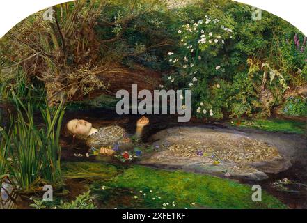 Ophelia ist ein Gemälde des britischen Künstlers Sir John Everett Millais aus der Sammlung von Tate Britain in London (1851–52). Ophelia, eine Figur aus William Shakespeares Stück Hamlet, singt, bevor sie in einem Fluss ertränkt Stockfoto