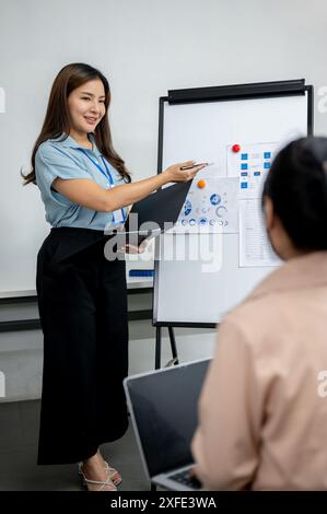 Eine selbstbewusste asiatische Finanzanalytikerin oder -Managerin steht mit einem Whiteboard vor dem Besprechungsraum, leitet das Meeting und präsentiert h Stockfoto
