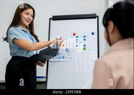 Eine selbstbewusste asiatische Finanzanalytikerin oder -Managerin steht mit einem Whiteboard vor dem Besprechungsraum, leitet das Meeting und präsentiert h Stockfoto