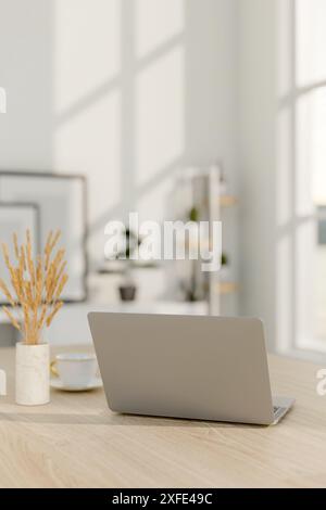 Ein Nahbild eines Laptops, eine Keramikvase mit Pampasgras und eine Kaffeetasse auf einem Holztisch in einem minimalistischen weißen Raum. 3D-Rendering, 3D Stockfoto