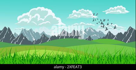 Bewölkte Berglandschaft horizontal. Vektorabbildung. Handzeichnung. Nicht KI, Stock Vektor