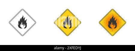 Symbol für Brandgefahr. Kontur, flaches Gelb und Gelb mit Grunge-Textur. Illustration des flachen Vektors. Stock Vektor