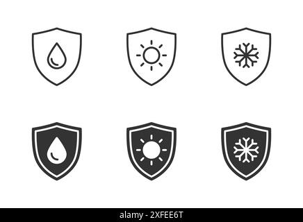 Wasserdicht, Sonnenschutz, Frostschutz Symbol. Schild Shiel. Frostbeständig, wasserbeständig. Illustration des flachen Vektors. Stock Vektor