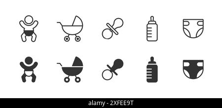 Baby-Symbol-Set. Attributs-Kollektion für Babys. Kinderwagen, Schnuller, Flasche, Windel. Vektorabbildung. Stock Vektor